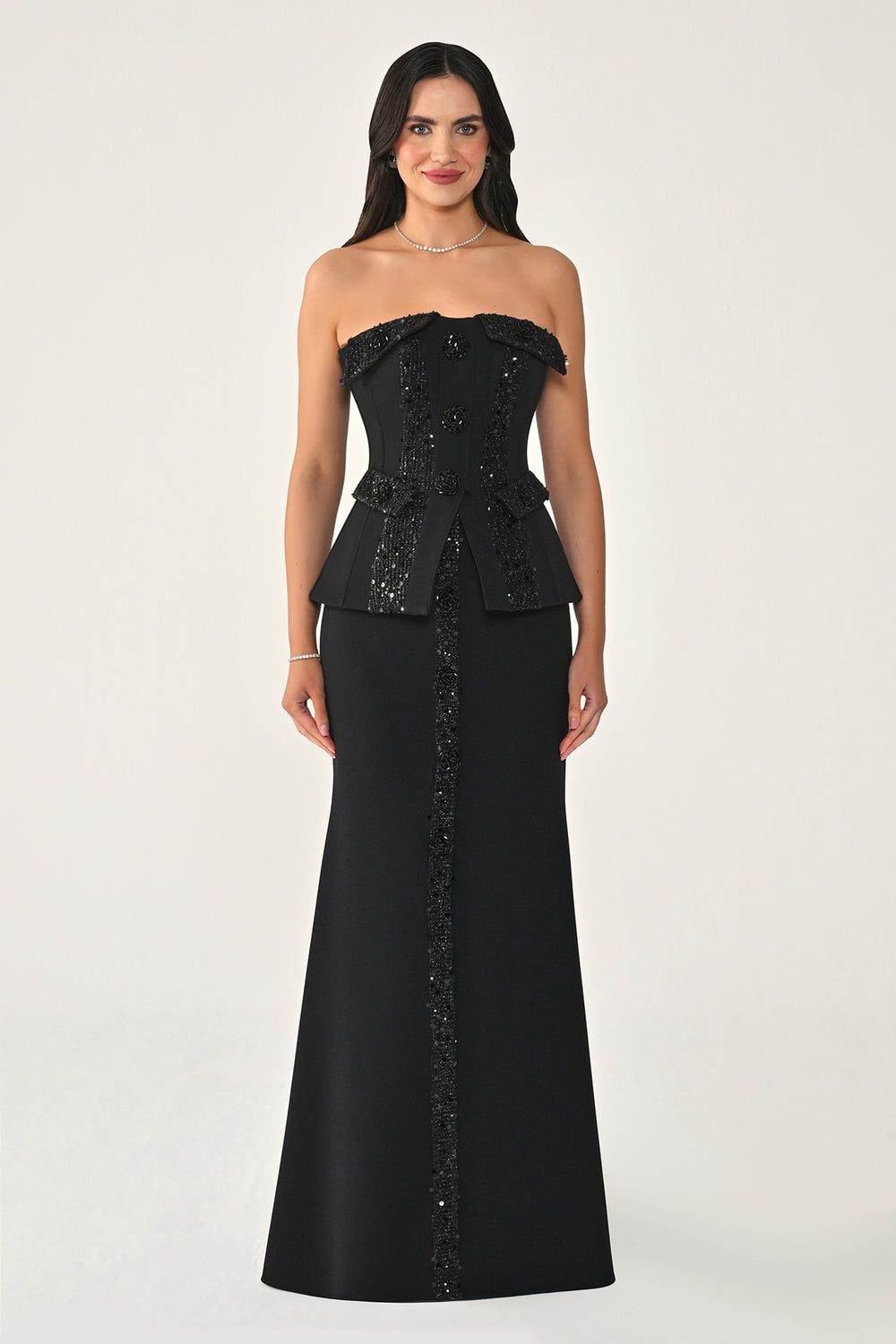 Strapless Button Detail Sequin Crepe Maxi Dress
