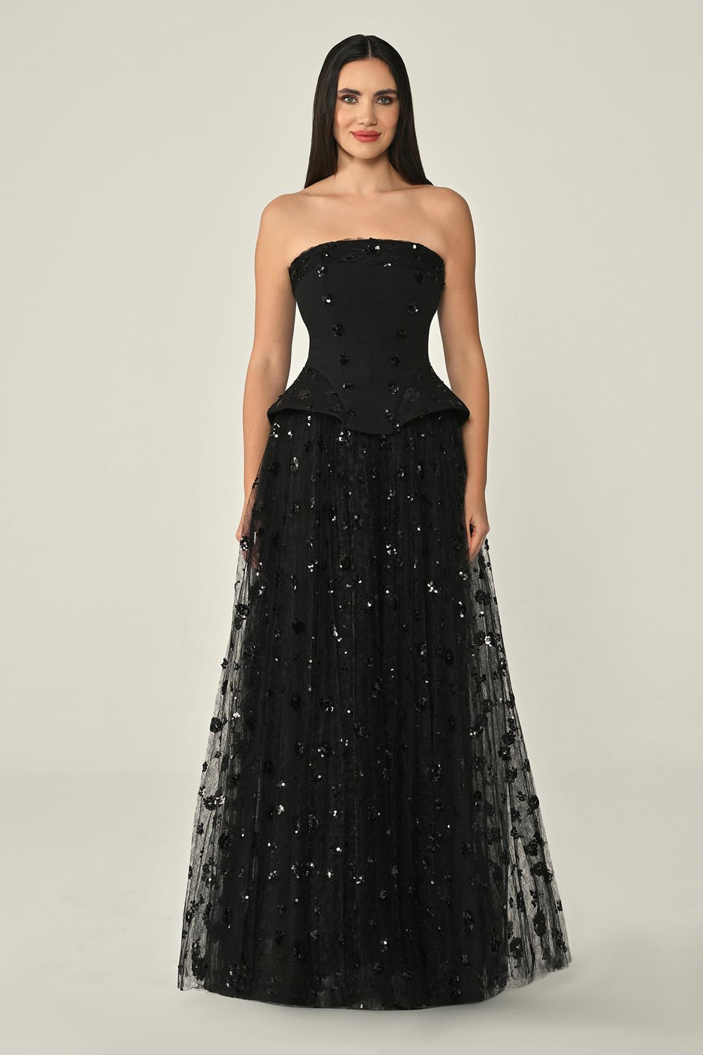 Strapless Sequin Tulle Long Dress