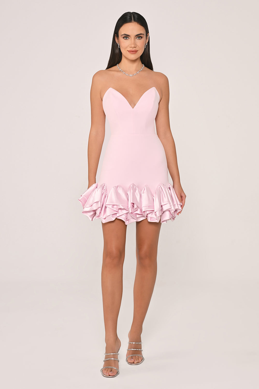 Strapless Ruffle Satin Crepe Mini Dress