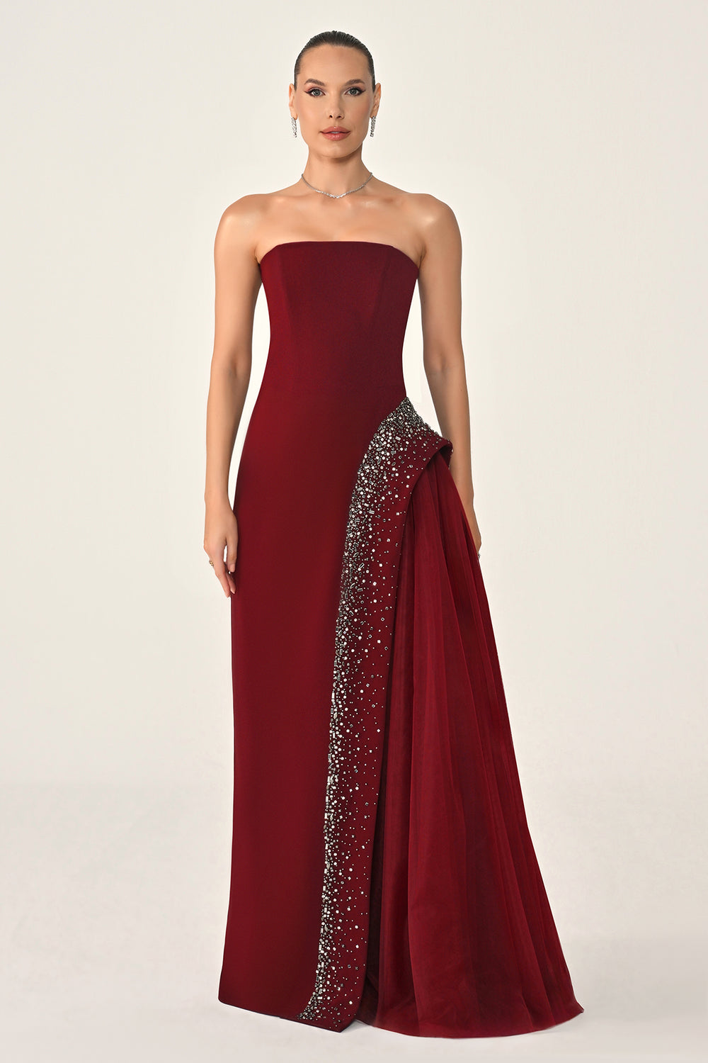 Strapless Crepe Maxi Dress with Embellished Tulle Skirt