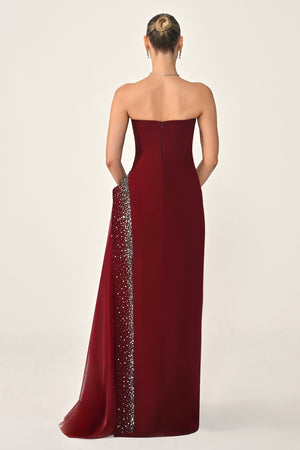 Strapless Crepe Maxi Dress with Embellished Tulle Skirt