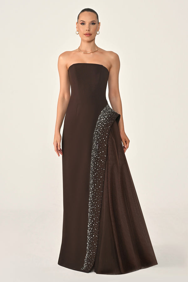 Strapless Crepe Maxi Dress with Embellished Tulle Skirt