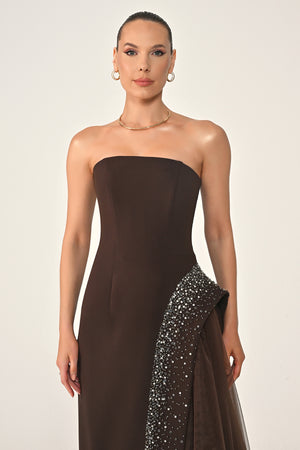 Strapless Crepe Maxi Dress with Embellished Tulle Skirt