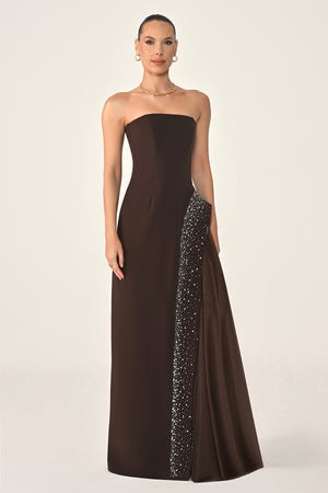 Strapless Crepe Maxi Dress with Embellished Tulle Skirt