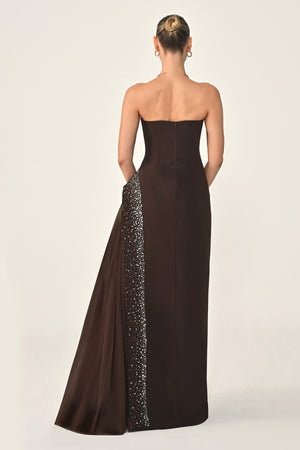 Strapless Crepe Maxi Dress with Embellished Tulle Skirt