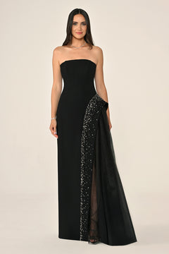 Strapless Crepe Maxi Dress with Embellished Tulle Skirt