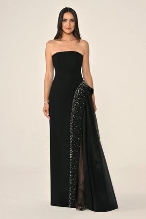 Strapless Crepe Maxi Dress with Embellished Tulle Skirt