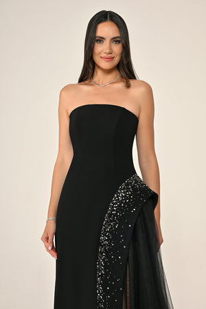 Strapless Crepe Maxi Dress with Embellished Tulle Skirt