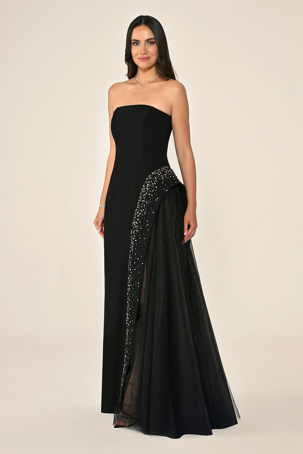 Strapless Crepe Maxi Dress with Embellished Tulle Skirt