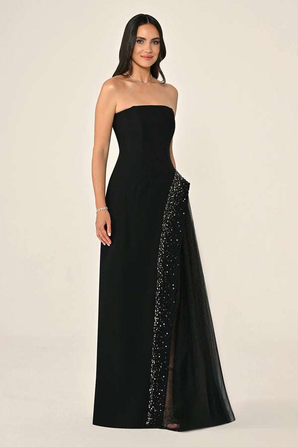 Strapless Crepe Maxi Dress with Embellished Tulle Skirt