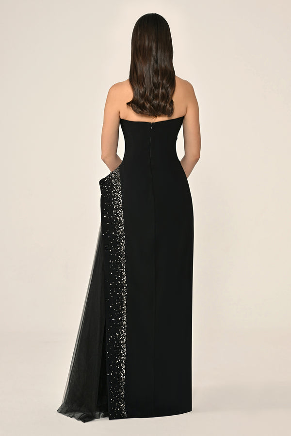 Strapless Crepe Maxi Dress with Embellished Tulle Skirt
