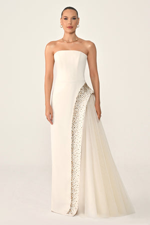Strapless Crepe Maxi Dress with Embellished Tulle Skirt