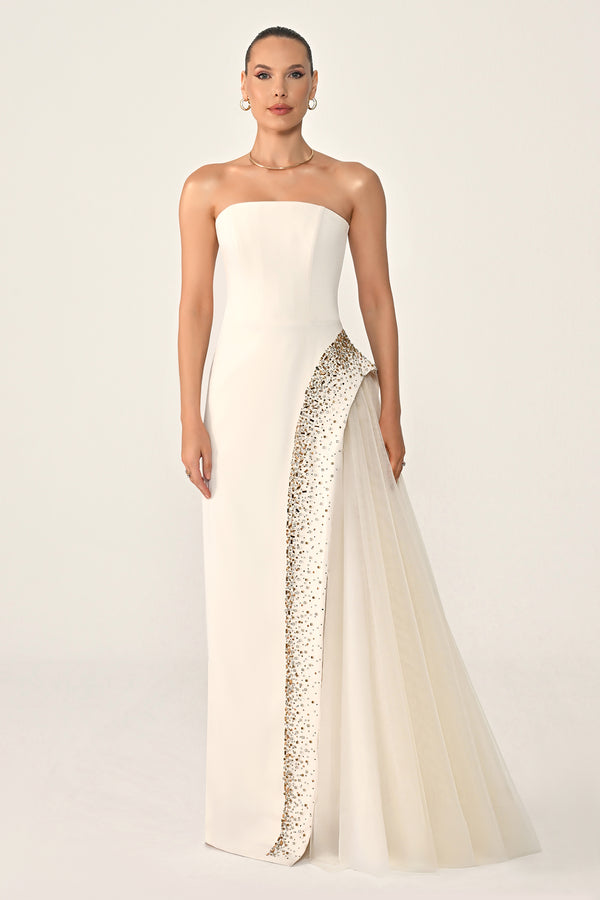 Strapless Crepe Maxi Dress with Embellished Tulle Skirt