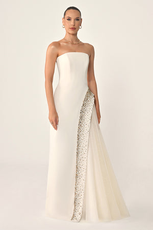 Strapless Crepe Maxi Dress with Embellished Tulle Skirt