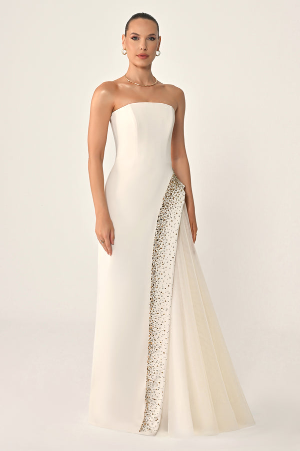Strapless Crepe Maxi Dress with Embellished Tulle Skirt