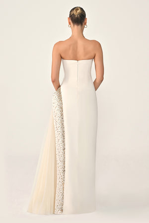 Strapless Crepe Maxi Dress with Embellished Tulle Skirt
