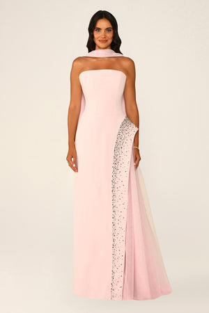 Strapless Crepe Maxi Dress with Embellished Tulle Skirt