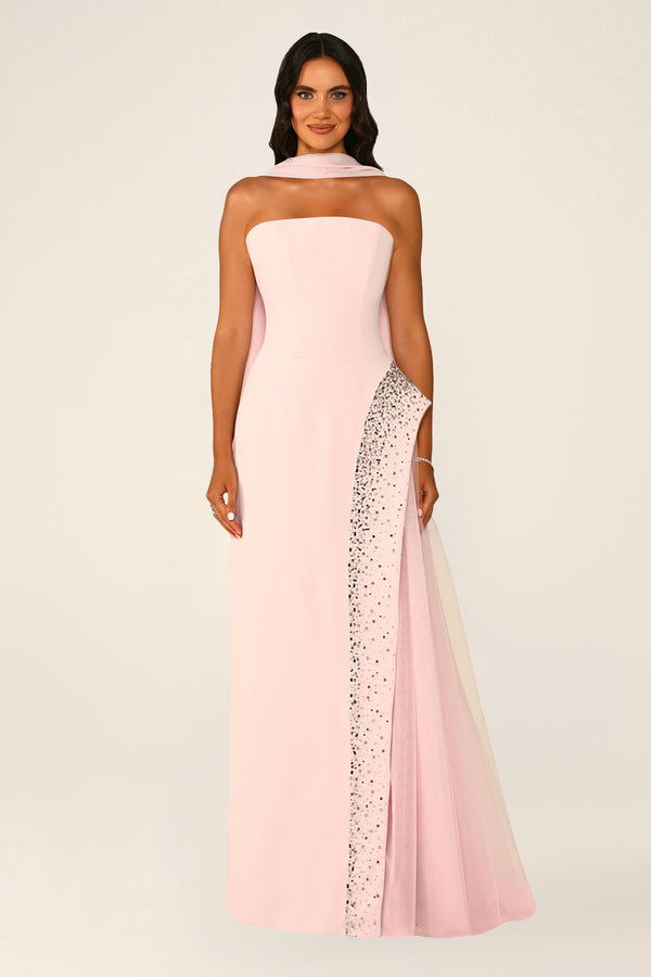 Strapless Crepe Maxi Dress with Embellished Tulle Skirt