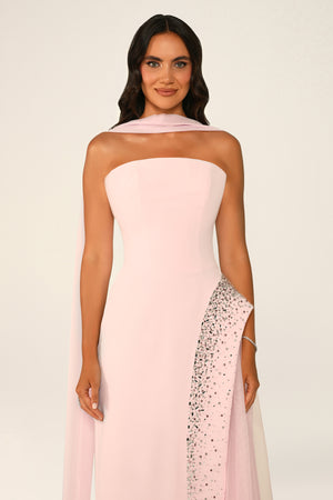 Strapless Crepe Maxi Dress with Embellished Tulle Skirt