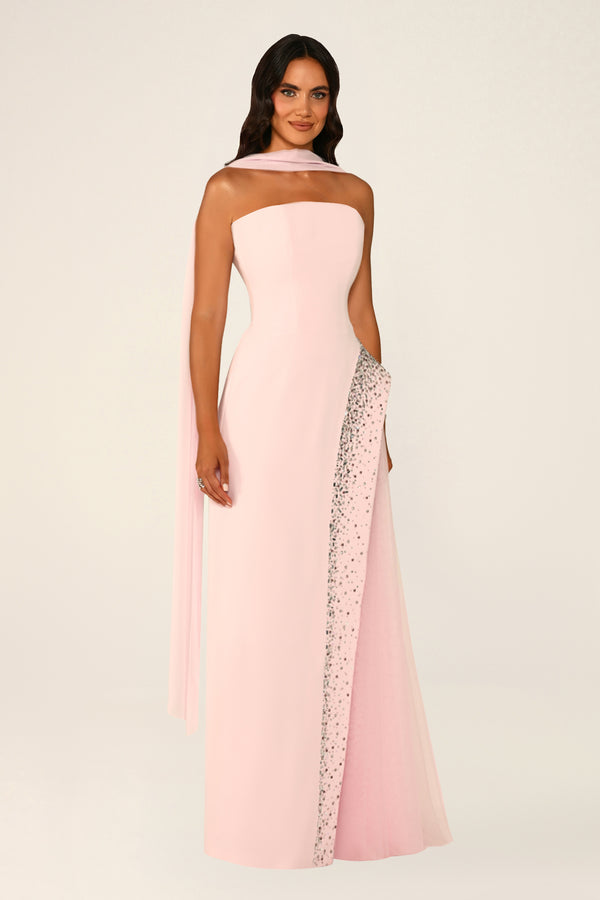 Strapless Crepe Maxi Dress with Embellished Tulle Skirt