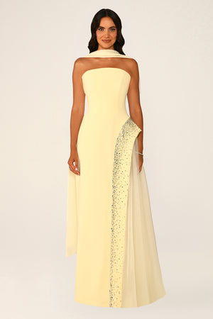 Strapless Crepe Maxi Dress with Embellished Tulle Skirt