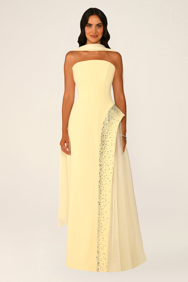 Strapless Crepe Maxi Dress with Embellished Tulle Skirt