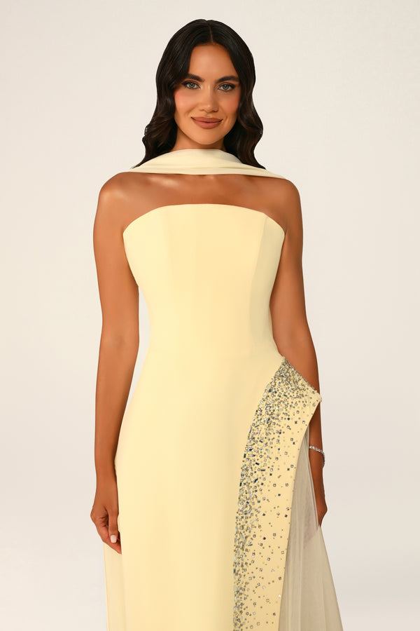 Strapless Crepe Maxi Dress with Embellished Tulle Skirt