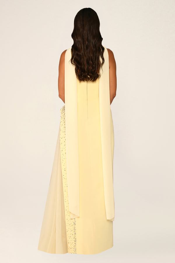 Strapless Crepe Maxi Dress with Embellished Tulle Skirt