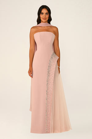 Strapless Crepe Maxi Dress with Embellished Tulle Skirt