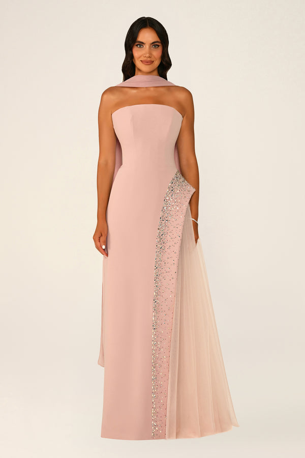 Strapless Crepe Maxi Dress with Embellished Tulle Skirt