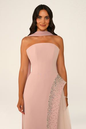 Strapless Crepe Maxi Dress with Embellished Tulle Skirt