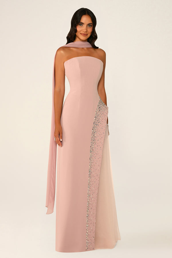 Strapless Crepe Maxi Dress with Embellished Tulle Skirt