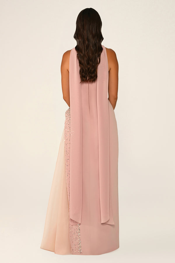 Strapless Crepe Maxi Dress with Embellished Tulle Skirt