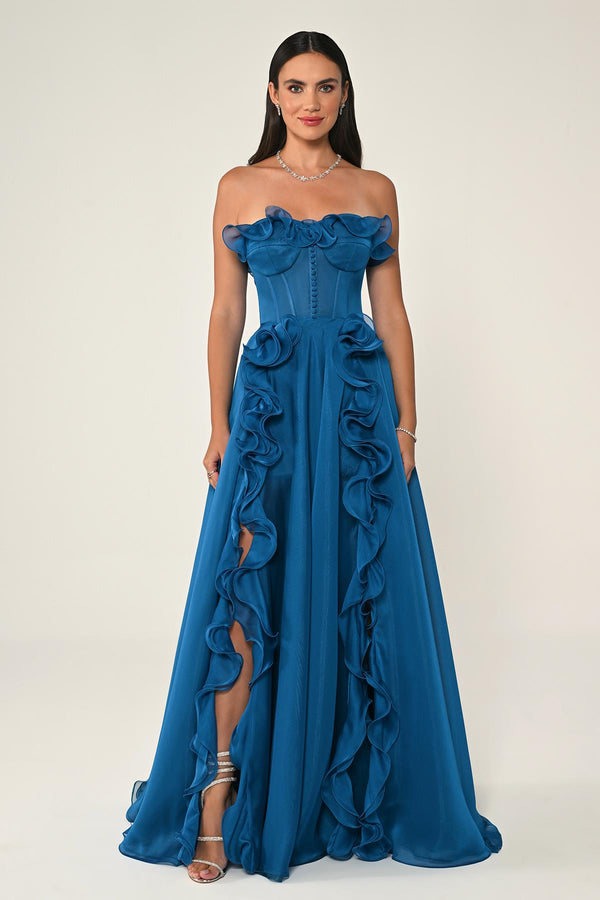 Strapless Ruffled Double Slit Chiffon Maxi Dress
