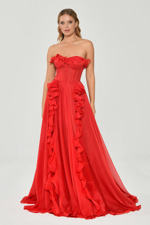 Strapless Ruffled Double Slit Chiffon Maxi Dress