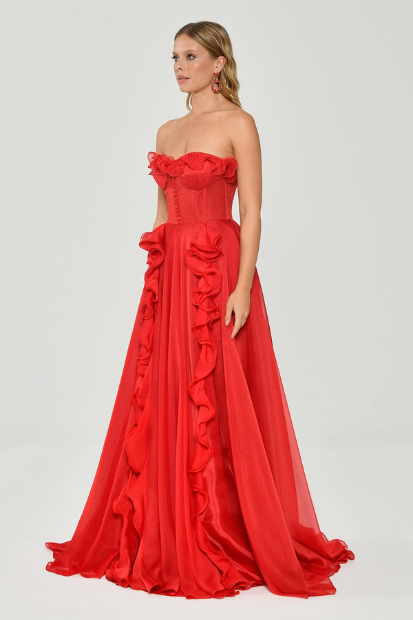 Strapless Ruffled Double Slit Chiffon Maxi Dress