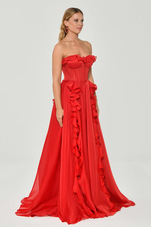Strapless Ruffled Double Slit Chiffon Maxi Dress