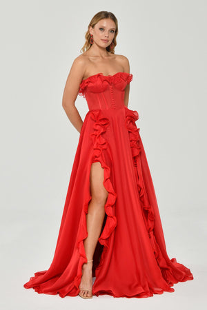 Strapless Ruffled Double Slit Chiffon Maxi Dress