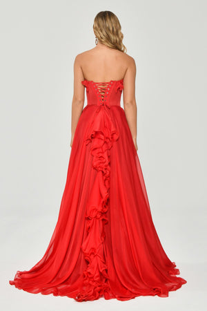 Strapless Ruffled Double Slit Chiffon Maxi Dress
