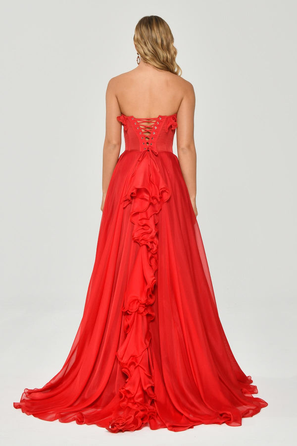 Strapless Ruffled Double Slit Chiffon Maxi Dress