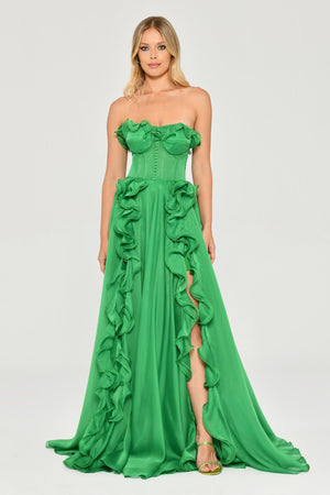 Strapless Ruffled Double Slit Chiffon Maxi Dress