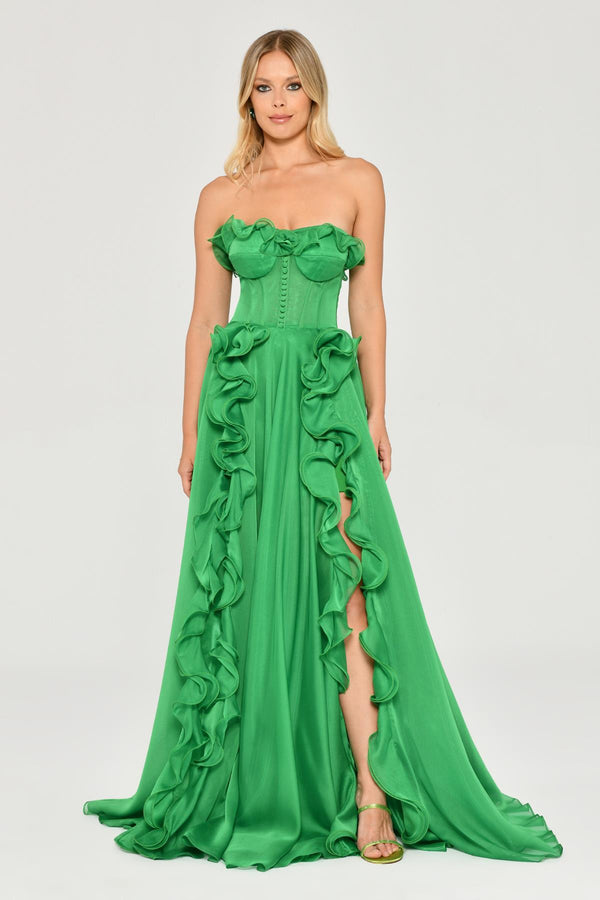 Strapless Ruffled Double Slit Chiffon Maxi Dress