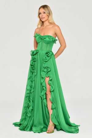 Strapless Ruffled Double Slit Chiffon Maxi Dress