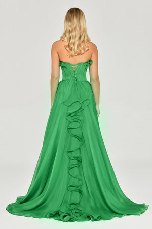 Strapless Ruffled Double Slit Chiffon Maxi Dress