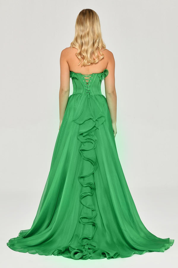 Strapless Ruffled Double Slit Chiffon Maxi Dress