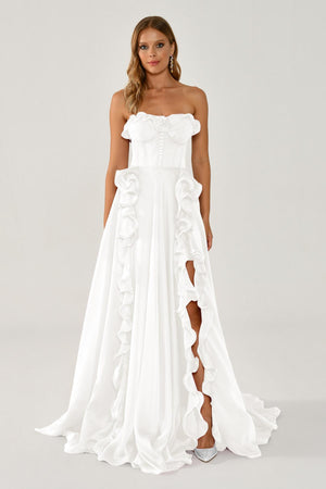 Strapless Ruffled Double Slit Chiffon Maxi Dress