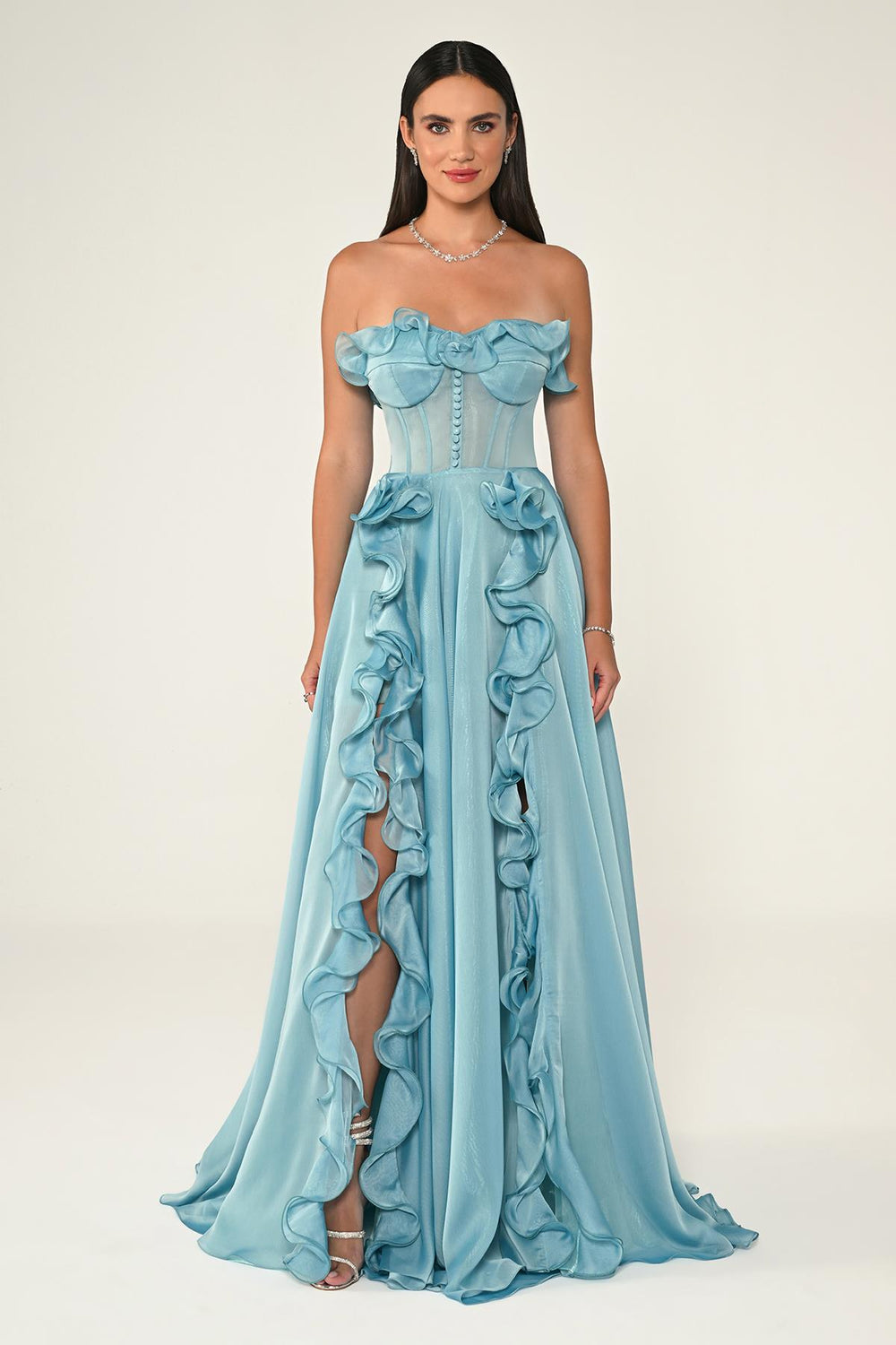 Strapless Ruffled Double Slit Chiffon Maxi Dress