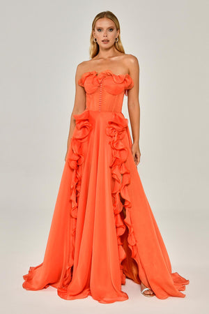 Strapless Ruffled Double Slit Chiffon Maxi Dress