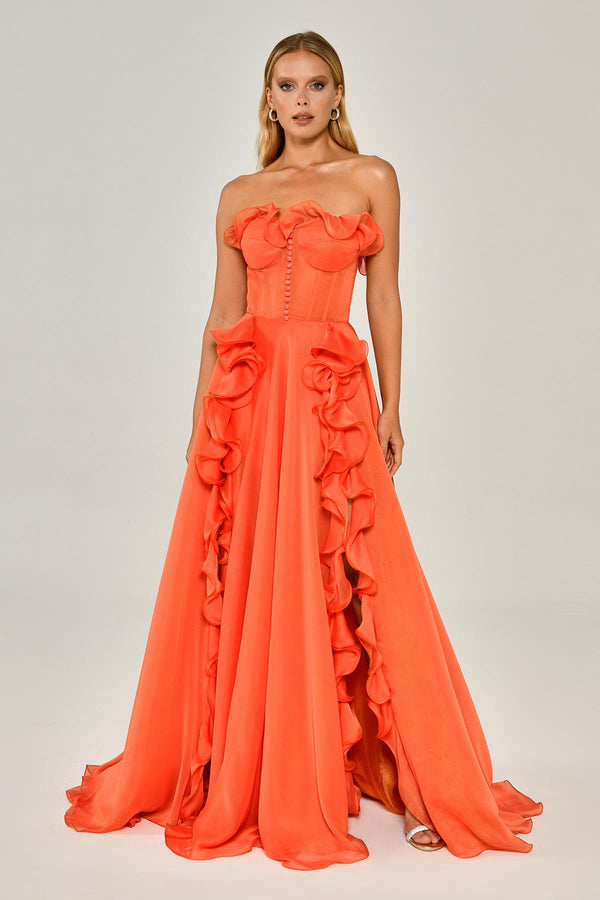 Strapless Ruffled Double Slit Chiffon Maxi Dress