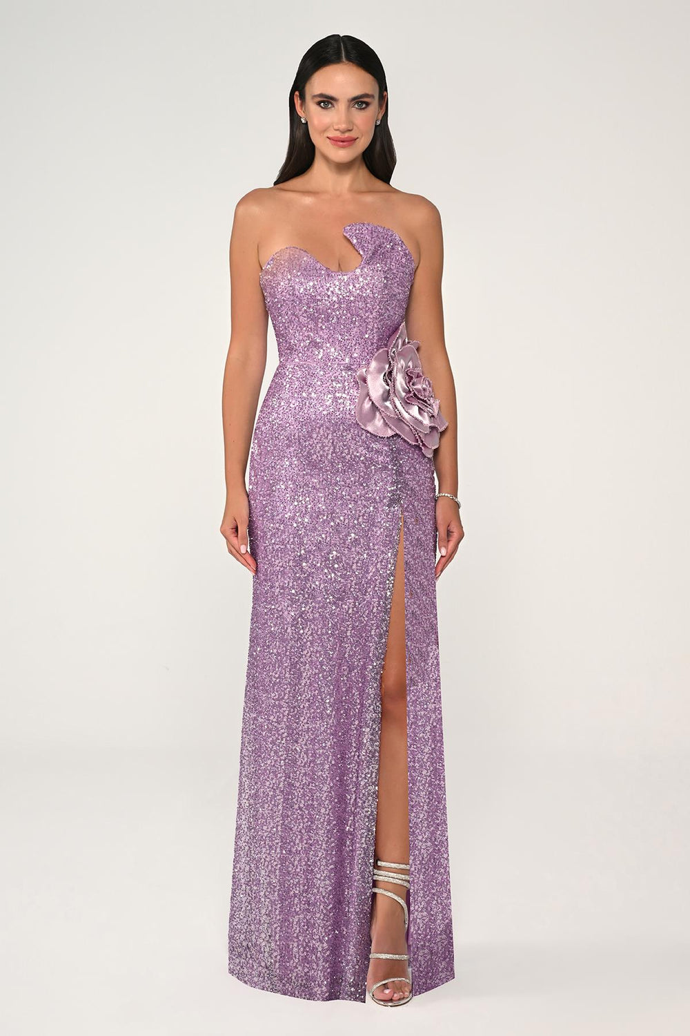 Strapless Bust Asymmetrical Cut Sequin Fabric Long Dress